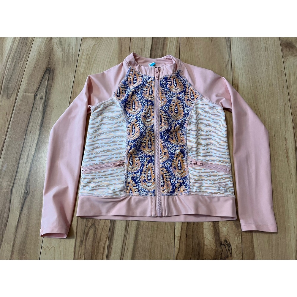 Cabanaā Life Girls Rash Guard Sz 6 Full Zip UPF 50+ Peach Patterned Swim Shirt